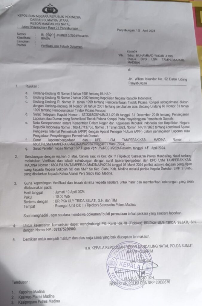 Dugaan Pungli APS di Siabu, Pelapor Besok Dipanggil Polres Madina