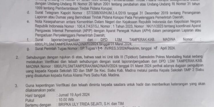 Dugaan Pungli APS di Siabu, Pelapor Besok Dipanggil Polres Madina